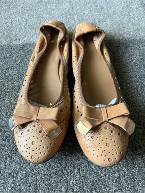 Frau Handmade Tan Leather Ballet Flats with Bow Made in Italy - 9 (40)